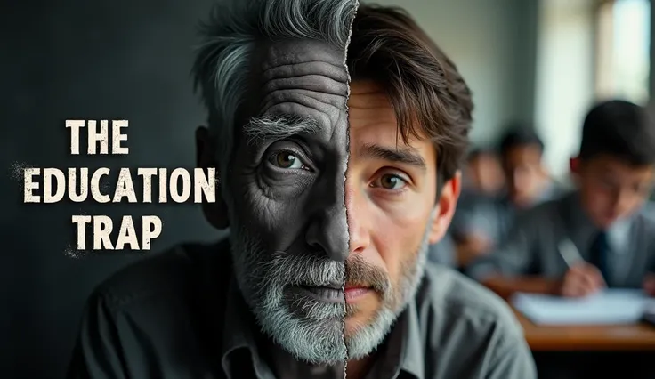 Create a striking split-image design for a documentary poster, where one side features a close-up of an elderly mans face in black and white, depicting hardship and age. The other side shows a young schoolboy in color, sitting attentively in a classroom, s...