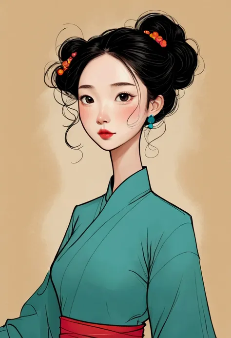 (((Exaggerated digital character sketches:1.37，Matchstick Men))).(1 Girl，cheongsam，Solitary，Fluffy curly hair，(Exaggerated expression,)，(Black sketch lines，Loose brushstrokes create the outline，Cartoon Style. Bright colors and simplified lines, sketch)。(Ex...