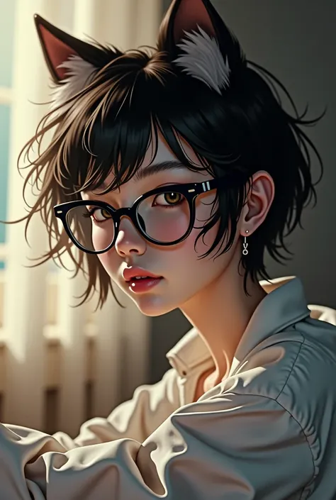 Wolf cut glasses girl waking up
