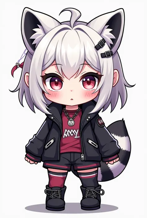 Full body , font facing , chibi girl , raccoon ears , raccoon tail  , cute  , punk clothing , goth , white hair , mature