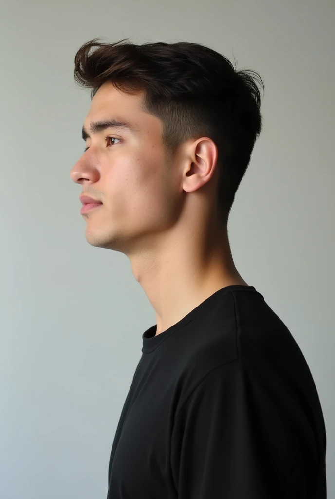 Side profile photo of a man with short hair, around 2, no beard, wearing a black T-shirt. beardless
