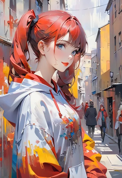 Minimalist oil portrait of a girl、The girl has red hair in twin tails、The girl has a very beautiful face、Beautiful detailed eyes and lips、Wear a chic colored hoodie、smile、A girl walks briskly through the streets of downtown、There is a lot of graffiti on th...