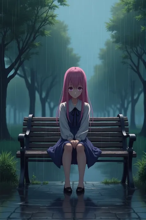 A beautiful girl anime zero two sad and shit in bench  the background in rainy season