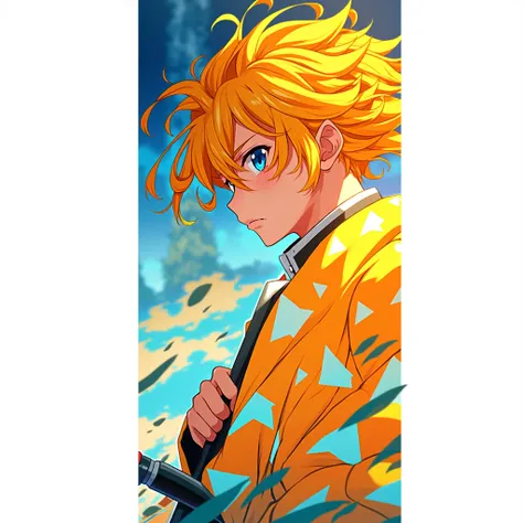 anime character with yellow hair and blue eyes holding a sword, key anime art, orange - haired anime boy, handsome guy in demon slayer art, demon slayer artstyle, demon slayer rui fanart, detailed key anime art, badass anime 8 k, official art, anime art wa...