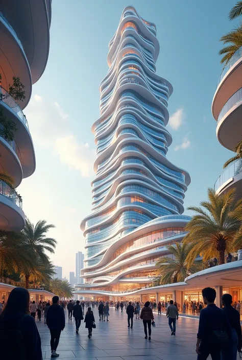 Futuristic and incredibly beautiful architectural structure of a bold high-rise shopping center, Futuristic design elements, A perfect blend with the art form of digital illustration. Inspired by the works of Syd Mead. This scene、It shows a center in the m...