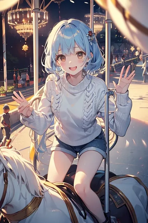 （Cute little sister:1.3）、Best Quality, masterpiece, Alone, (((From above))), (((whole body)))、(((Waving to the audience)))、sneakers、(Slim figure)、(Casual clothing)、(Summer clothes)、(((Riding on a white merry-go-round:1.5)))、(((A spinning merry-go-round:1.5...