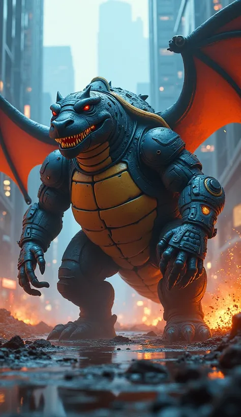 A rampage fusion blastoise and charizard. Make it realistic in dark vibes of cyberpunk city