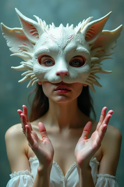 A girl wearing morph mask on her head raising hands