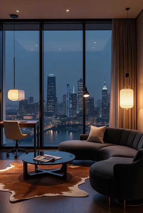 Modern luxury hotel room interior with panoramic city view at night through floor-to-ceiling windows. A large, sleek, dark velvet curved sofa facing the windows, paired with a round glass coffee table on top of a cowhide rug. Modern lighting includes a tal...