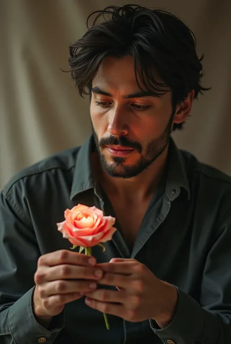 The man looks at the rose and reflects