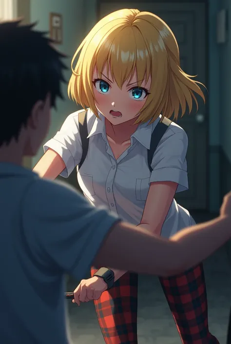 anime girl with Blonde hair in Plaid leggings and short sleeve button up white shirt about to stab a guy