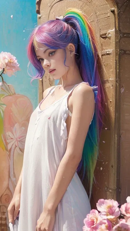 （Pink fashion t-shirt：1.9），(colorful hair: 1.8), (All the colors of the rainbow: 1.8),(((((vertical smarting：1.6))), （smarting：1.6），forehead, comic books, Illustrations, smartings, big eyes, Crystal clear eyes,（ High ponytail with rainbow color gradient：1....