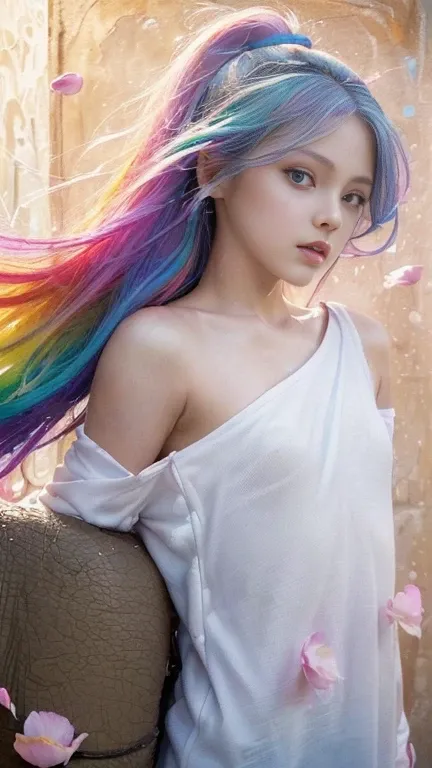 （Pink fashion t-shirt：1.9），(colorful hair: 1.8), (All the colors of the rainbow: 1.8),(((((vertical smarting：1.6))), （smarting：1.6），forehead, comic books, Illustrations, smartings, big eyes, Crystal clear eyes,（ High ponytail with rainbow color gradient：1....