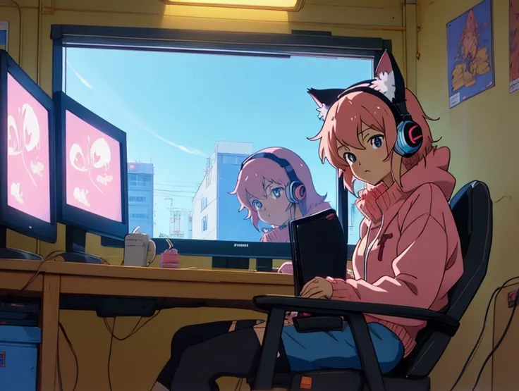 anime character sitting at a computer with headphones on, anime movie screenshot, screenshot from the anime film, lofi artstyle, 8 0 s anime vibe, still from tv anime, anime film still, anime movie scene, todays featured anime still, in the anime film, lof...