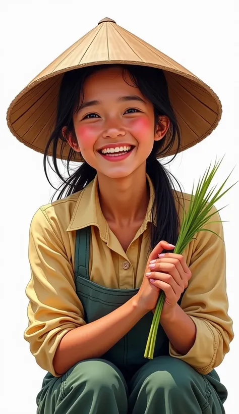 A highly detailed, high-resolution image of a happy Vietnamese farmer, smiling brightly against a white background. The farmer is wearing traditional Vietnamese farming attire, including a conical hat (nón lá), with visible facial details and expressions o...