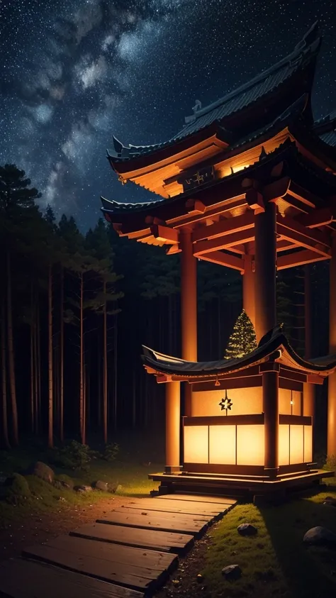 (Starry Night,Silent Forest,Peaceful atmosphere,Mysterious shrine),8k resolution),In the style of Japan anime，In the woods，shrine，Warmth，Calm。