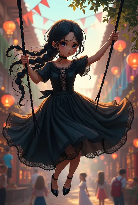 Girl with braids swing from Jalisco black hair gothic dress at an anime type party