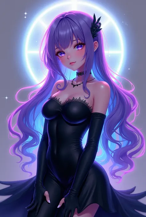 Anime, girl, cute, beautiful, petite, sexy, iridescent hair, long hair, glowing violet and blue hair, eyes, and nails, pitch black dress, long flowing skirt, mermaid dress, bardot neckline, pitch black satin gloves, transparent violet and blue circular hal...