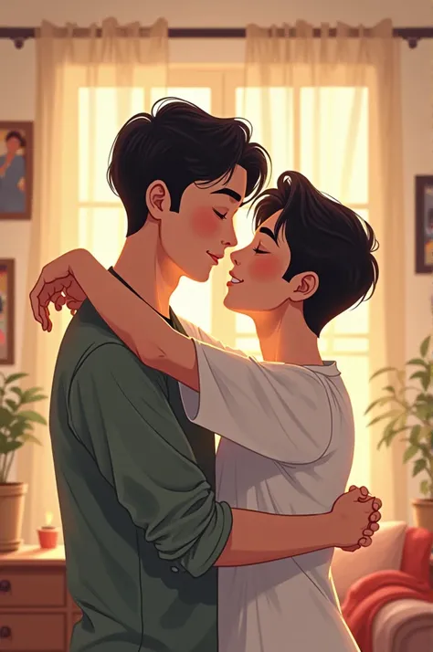 Create an illustration of an indo koren gay couple 