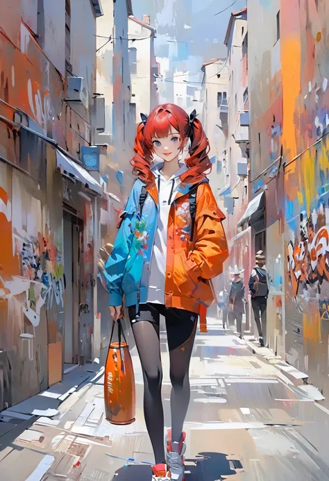 Impressionist portrait of a girl in oil painting、By Monet、The girl has red hair in twin tails、The girl has a very beautiful face、Beautiful detailed eyes and lips、Wear a chic colored hoodie、smile、A girl walks briskly through the streets of downtown、There is...