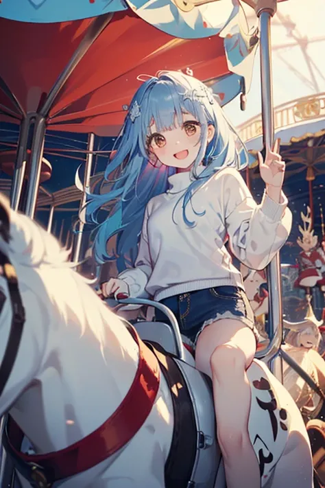 （Cute little sister:1.3）、Best Quality, masterpiece, Alone, (((From below))), (((whole body)))、(((Waving to the audience)))、sneakers、(Slim figure)、(Casual clothing)、(Summer clothes)、(((Riding on a white merry-go-round:1.5)))、(((A spinning merry-go-round:1.5...