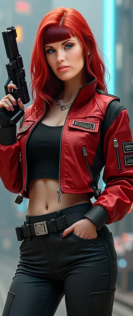 Taken from above, Perspective at eye level, Full body frontal shot, a woman with hourglass body and large breasts, dressed in a red and black flight jacket, red and black pants and a black leather belt, holds a futuristic blaster pistol in her right hand. ...