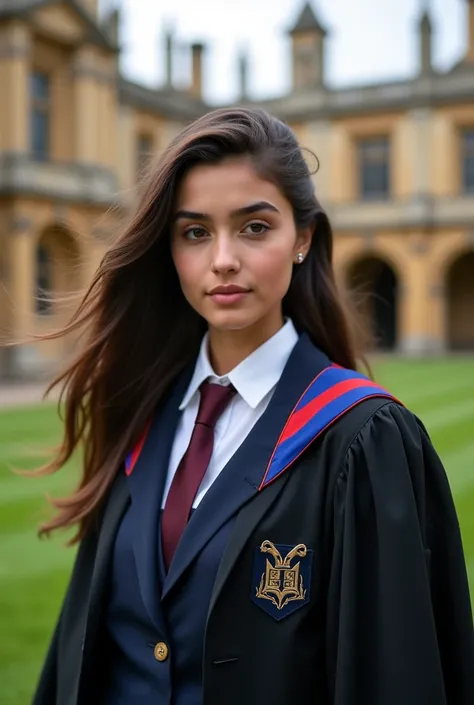 Afghanistan teenage female Student, Photoshoot, Wearing a Oxford university Uniform, Oxford University as an Background, Detailed Skin, Detailed Hair, Detailed Face, Ultra HD, Realistic, Eyes Facing Foward