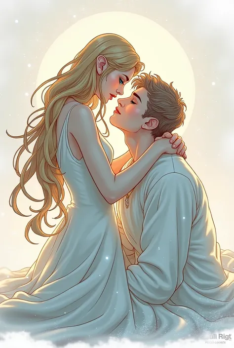 high quality,  8K Ultra HD, In this extraordinary full-body digital illustration,girl hug beautiful man, envision the enchanting presence of a captivating woman with ethereal features. Her elegant allure takes center stage, accentuated by flowing golden lo...