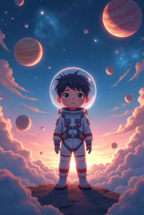 A BOY IS ASTRONOUT  MANY PLANETS AROUND HIS BOY AND THE BOY SEE PLANETS IN SKY AND IN ANIME VERSION AND HD quality  like anime version and boy have no any thing on his face and in anime version