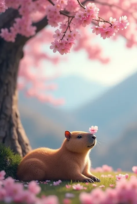 Cherry blossoms blooming in the mountains in early spring、A capybara lying under a cherry tree、A single petal rests on the tip of my nose、Close-up of nose tip、Movie Posters