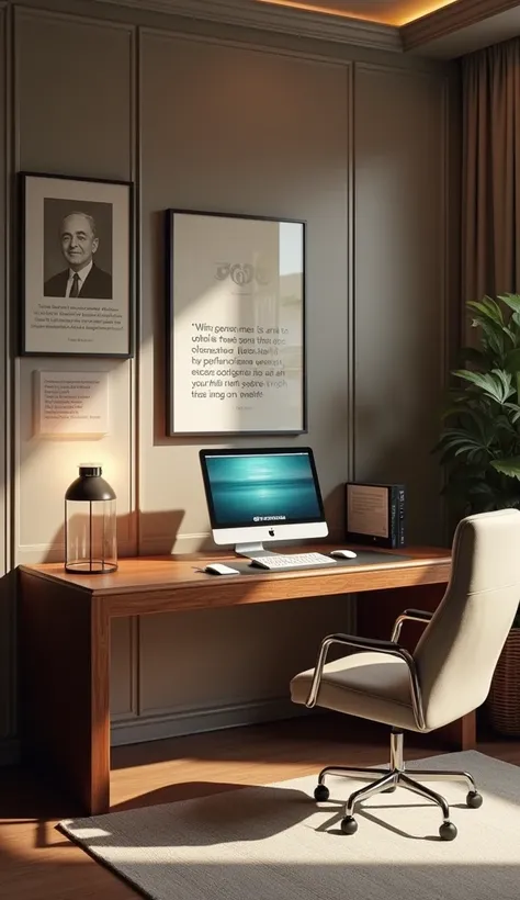 A stylish office scene with a large computer desk, featuring a desktop running classic software. On the wall, include subtle visual cues such as famous quotes or a framed portrait of the founder, with the iconic Microsoft logo nearby