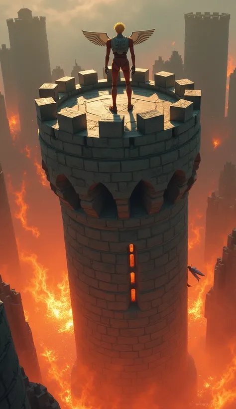 (Christian Lassen style)、Medieval European stone castle watchtower、The surrounding area is ablaze with fire、The observation tower is shaped like a chess rook.。Robot Soldier of Laputa: Castle in the Sky、Robot soldier stands on the watchtower。The robot soldi...