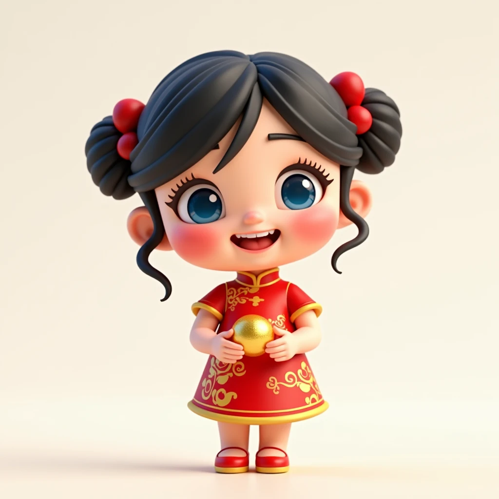 Chinese girl, single, Full body, Chibi Big Head 1.8 , Focus on women, Big, beautiful eyes , Fat and short body , Look at the viewer , Wearing a red Chinese cheongsam, beautiful and fresh, lovely, with two buns tied up on both sides, black hair, bright and ...