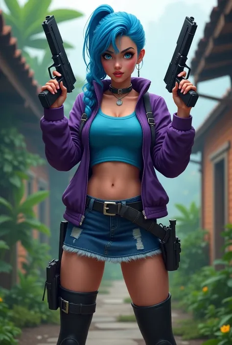 blue hair with a side braid and bow, purple jacket, blue crop top, denim mini skirt, black knee-high boots, utility belt, dual-wielding guns, standing confidently, looking forward, fair skin, vibrant outdoor setting, lush greenery, overcast lighting, actio...