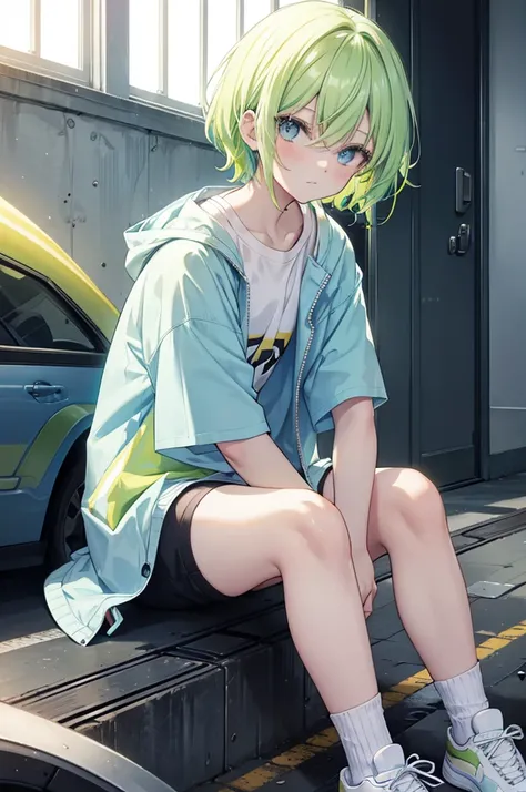 Yellow-green hair, light blue inner color, light blue eyes, lime jacket, black short-sleeved T-shirt inside, short hair, red sneakers, white short socks, spring clothes