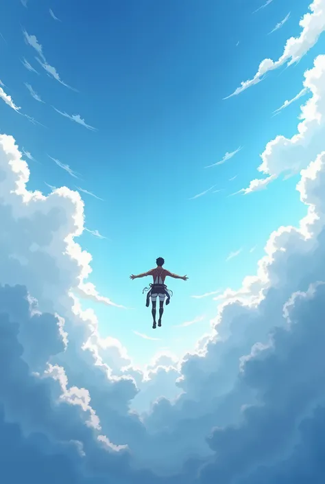 Kid eren Jaeger flying between moving clouds very far in the heavenly beautiful sky spreading hands back view standing inside a cloud 300 meters away from me ultra 3d 8k 