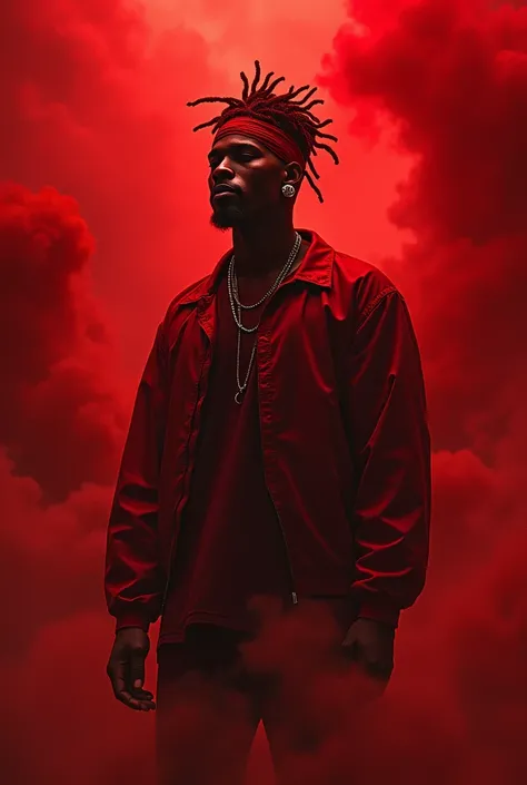 Black man in durag and earring, in the center, and a red chaos scene behind 