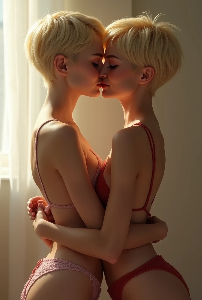 2 gorgeous young skinny blinde girls smiling and hugging, sexy lingerie, short pixie cut hair, ome girl hugging the other from behind, 