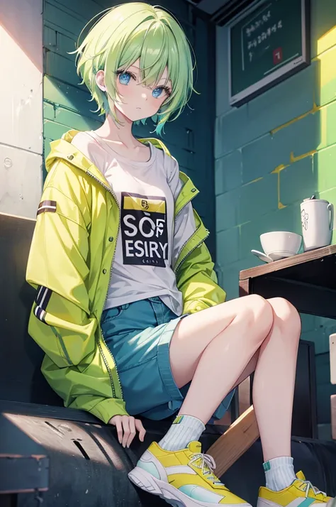 Yellow-green hair, light blue inner color, light blue eyes, lime jacket, black short-sleeved T-shirt inside, short hair, red sneakers, white short socks, summer clothes