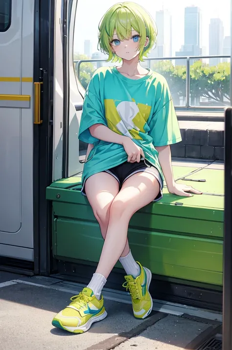 Yellow-green hair, light blue inner color, light blue eyes, lime jacket, black short-sleeved T-shirt inside, short hair, red sneakers, white short socks, summer clothes