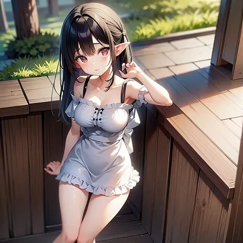 Correct Anatomy, The right move, Five fingers, ( masterpiece)、(Best Quality)、(Ultra-detailed)、(High chroma)、(CG illustration)、((Full Shot)),(Green Hair),Short pigtails,Bangs,Big red eyes,B cup breasts,Height 150 cm,(((Cute young woman))), Big red beret,A c...