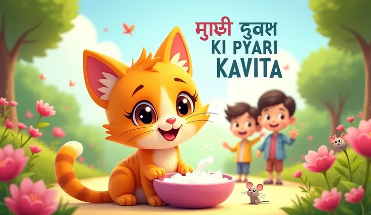 Main Focus: A cute, smiling cartoon cat (Billi Rani) sitting next to a bowl of milk, with big, sparkling eyes. The cat should look playful and friendly.Background: A bright, colorful garden with flowers, a sunny sky, and a few small butterflies flying arou...