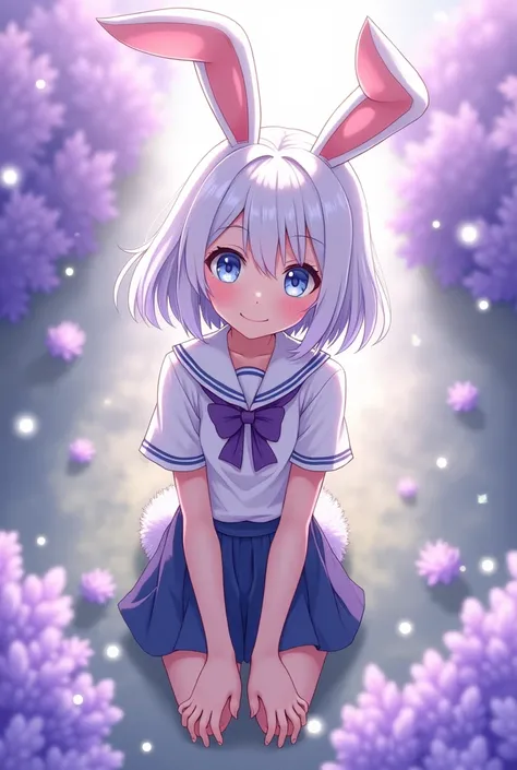 Anime boy, 2, white hair, light blue eyes, slim waist, bunny ears, bunny tail, smiling gently, student outfit, in a lavender garden, top to bottom view.