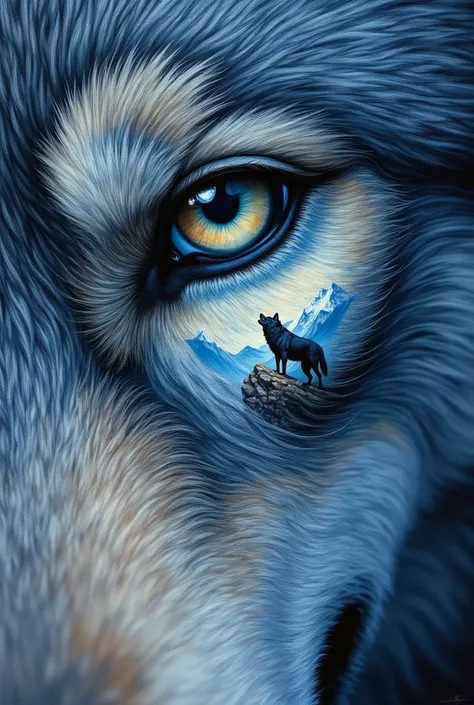 Wolf eye painting and in the pupil a wolf howling in the mountains easy to paint