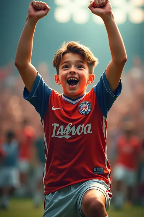 A teen boy wearing jersey raising his hands above his head