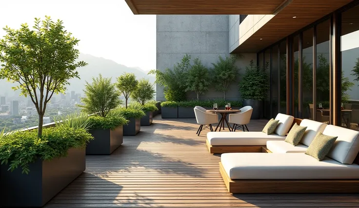 A rooftop terrace designed with minimalism and nature in mind. The space features wooden decking and simple, low-profile furniture. Potted plants and small trees are strategically placed to create a green oasis in the middle of the modern design. Comfortab...