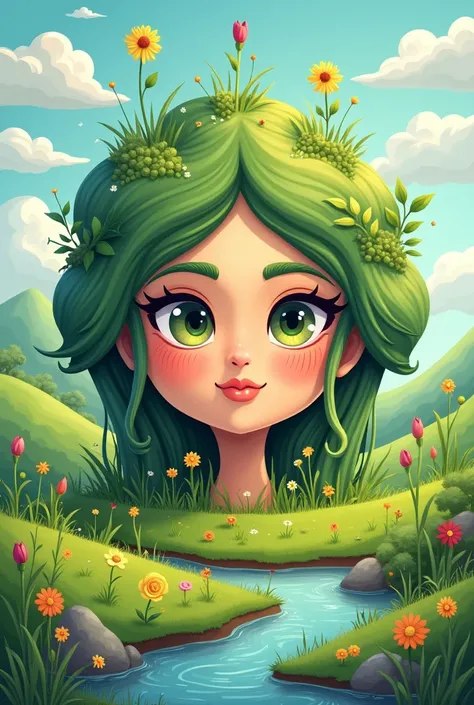 mother earths face with grass water land cartoon 