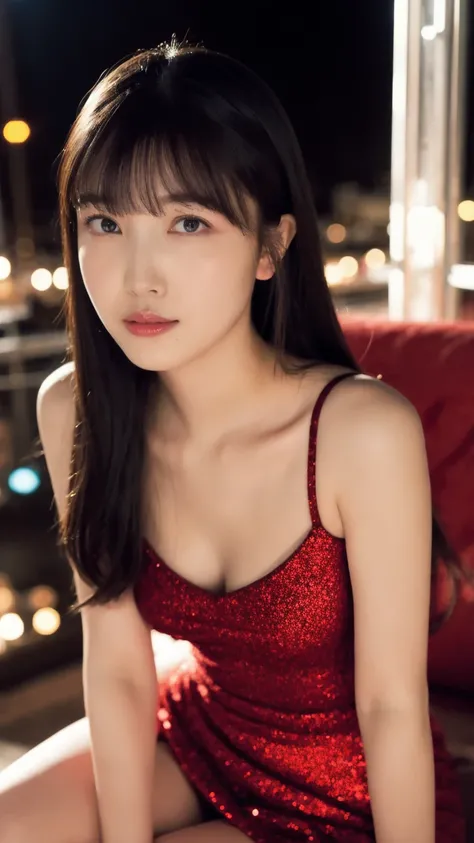 1girl,(wearing a red glittery evening mini dress:1.2),(RAW photo, best quality), (realistic, photo-realistic:1.4), masterpiece, an extremely delicate and beautiful, extremely detailed, 2k wallpaper, Amazing, finely detail, extremely detailed CG unity 8k wa...