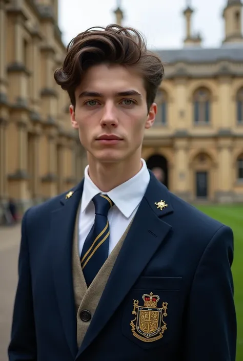 Albania teenage male Student, Photoshoot, Wearing a Oxford university Uniform, Oxford University as an Background, Detailed Skin, Detailed Hair, Detailed Face, Ultra HD, Realistic, Eyes Facing Foward