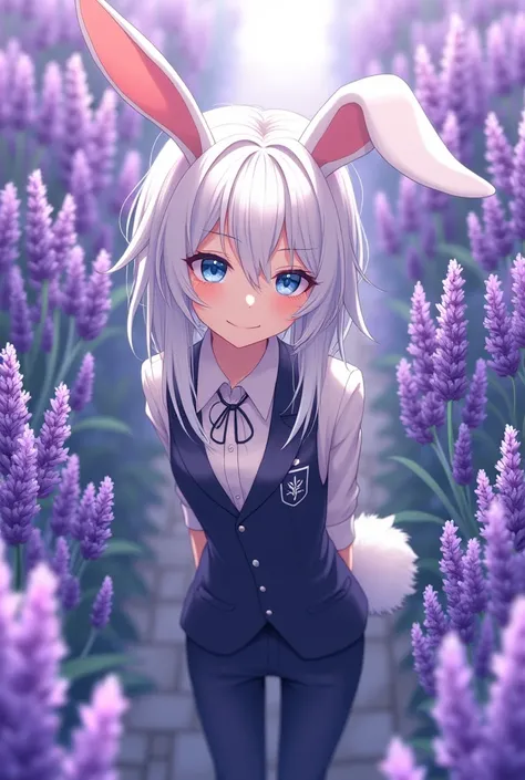 Anime boy, 2, white hair, light blue eyes, slim waist, bunny ears, bunny tail, smiling gently, boss outfit, in a lavender garden, top to bottom view.